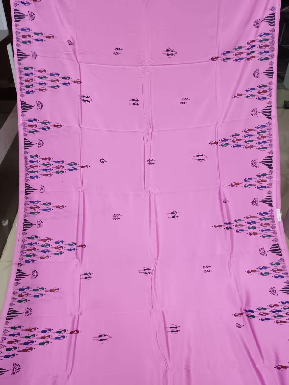 Pink Konark Wheel Tribal Theme Pattachitra Khadi Silk Saree