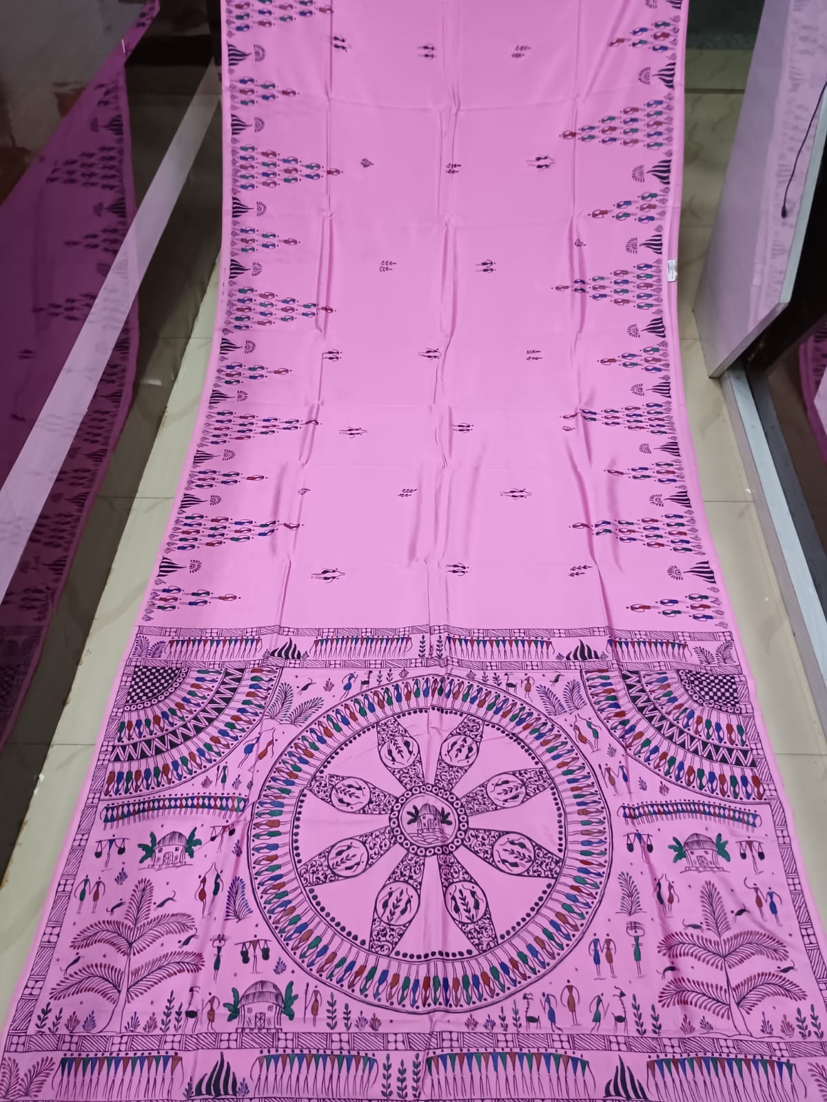 Pink Konark Wheel Tribal Theme Pattachitra Khadi Silk Saree
