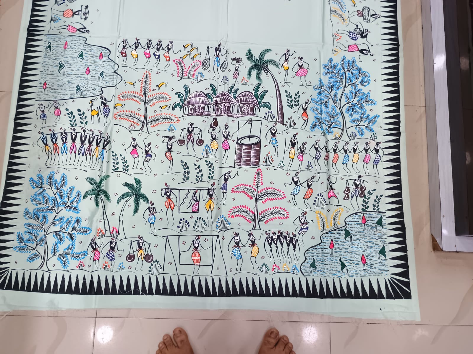 Aqua Tribal Family Theme Pattachitra Khadi Silk Saree