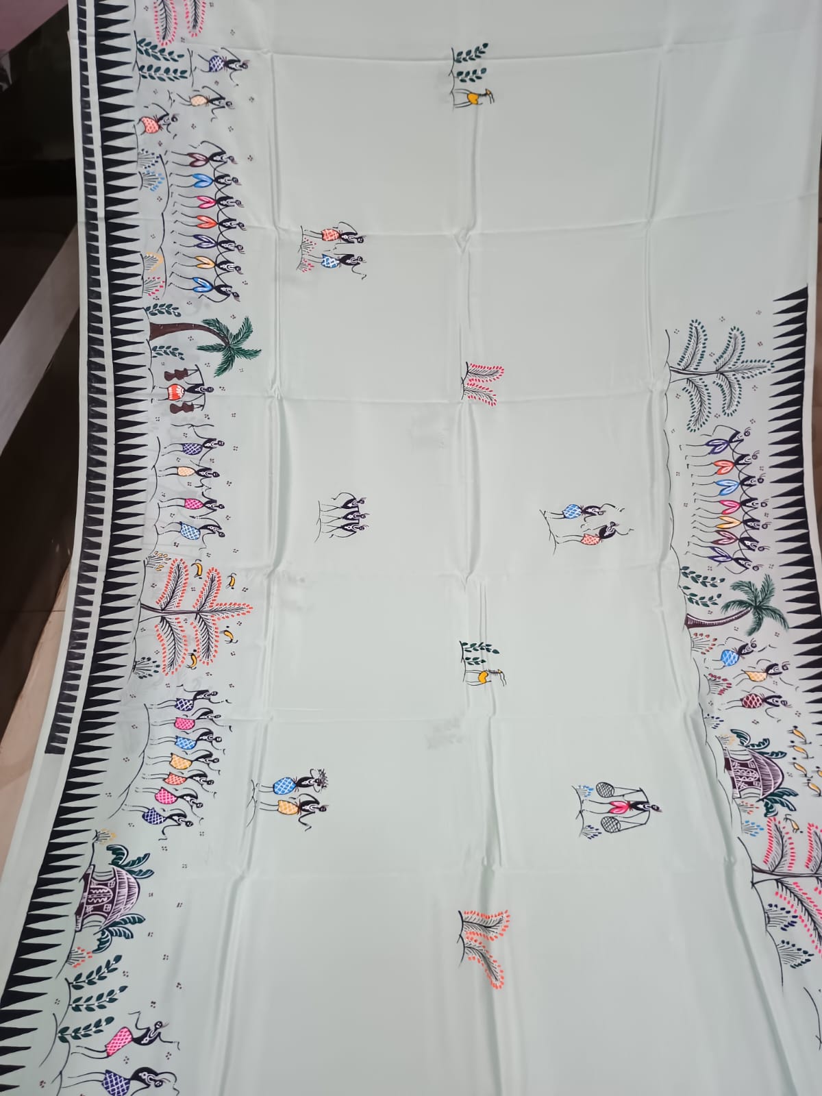 Aqua Tribal Family Theme Pattachitra Khadi Silk Saree