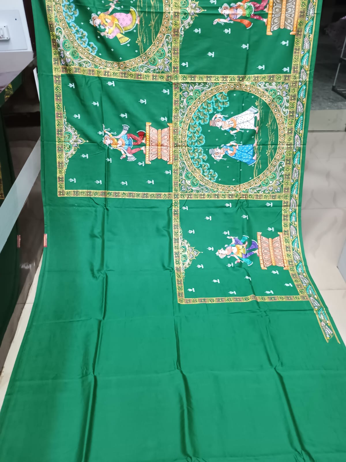 Green Big Box Theme Pattachitra Khadi Silk Saree