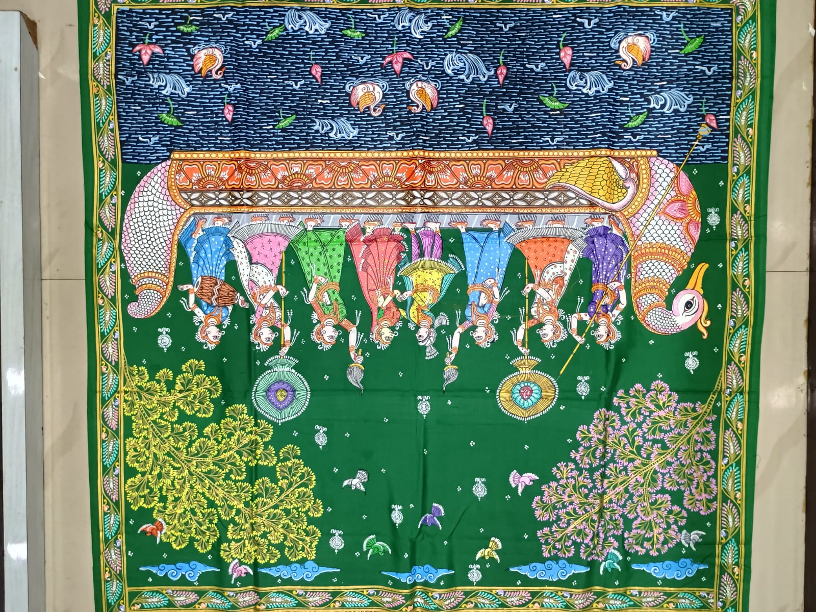 Green Big Box Theme Pattachitra Khadi Silk Saree