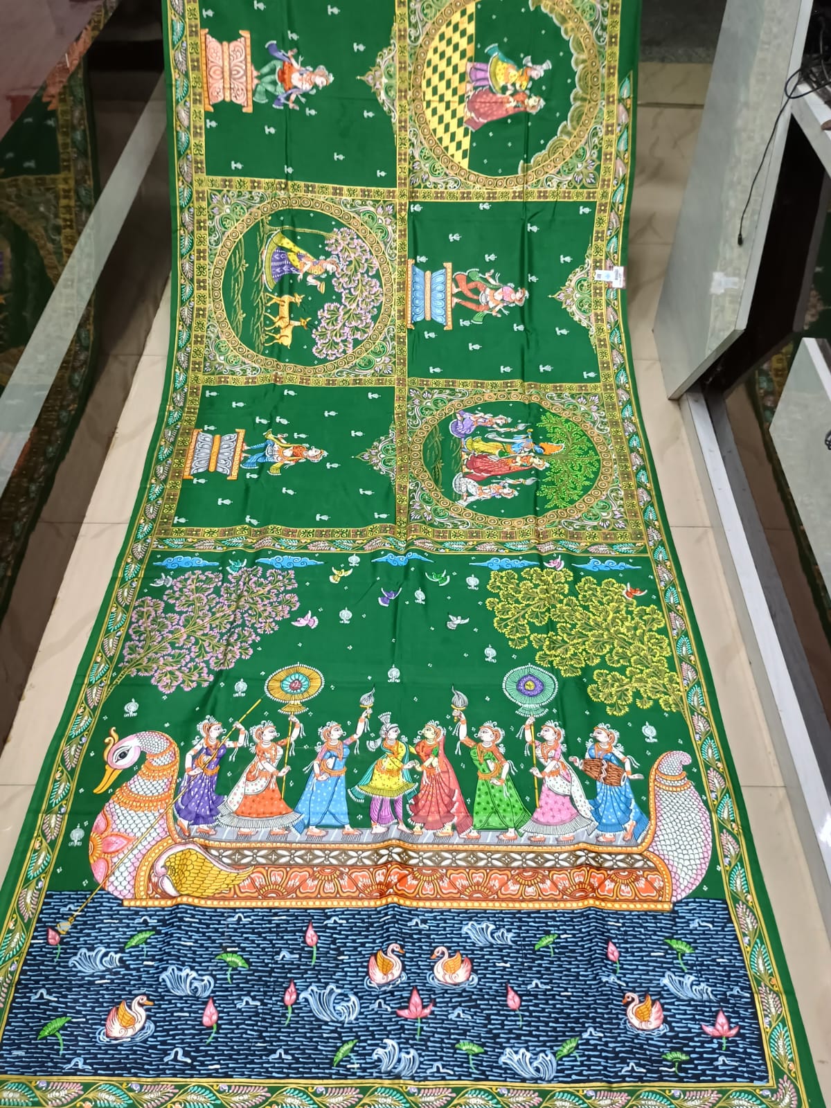 Green Big Box Theme Pattachitra Khadi Silk Saree