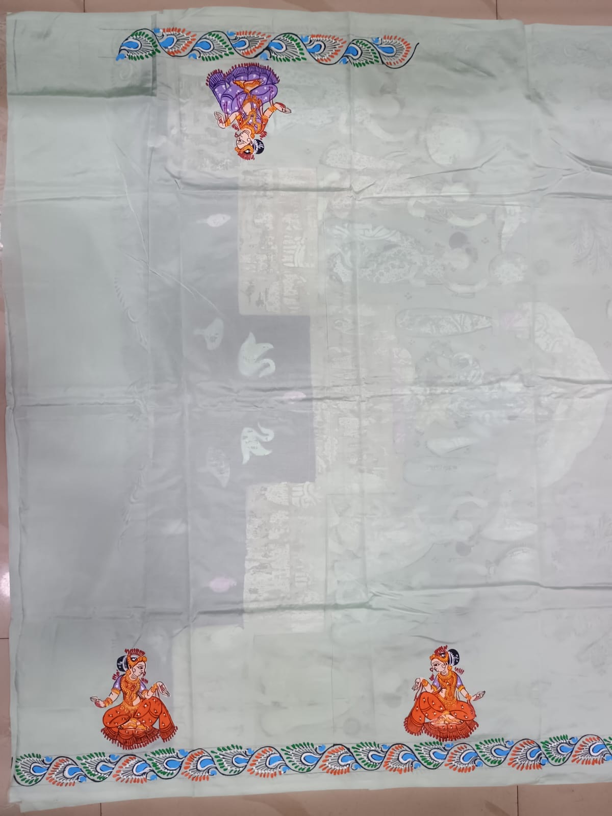 Aqua Radha Krishna Rasa Theme Pattachitra Khadi Silk Saree