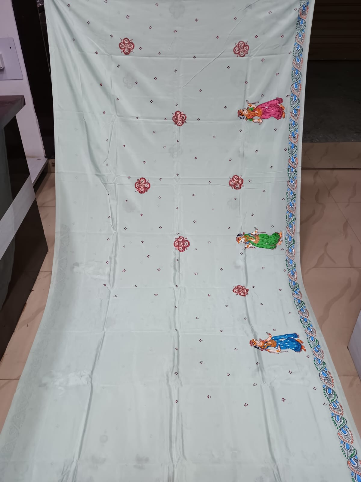 Aqua Radha Krishna Rasa Theme Pattachitra Khadi Silk Saree