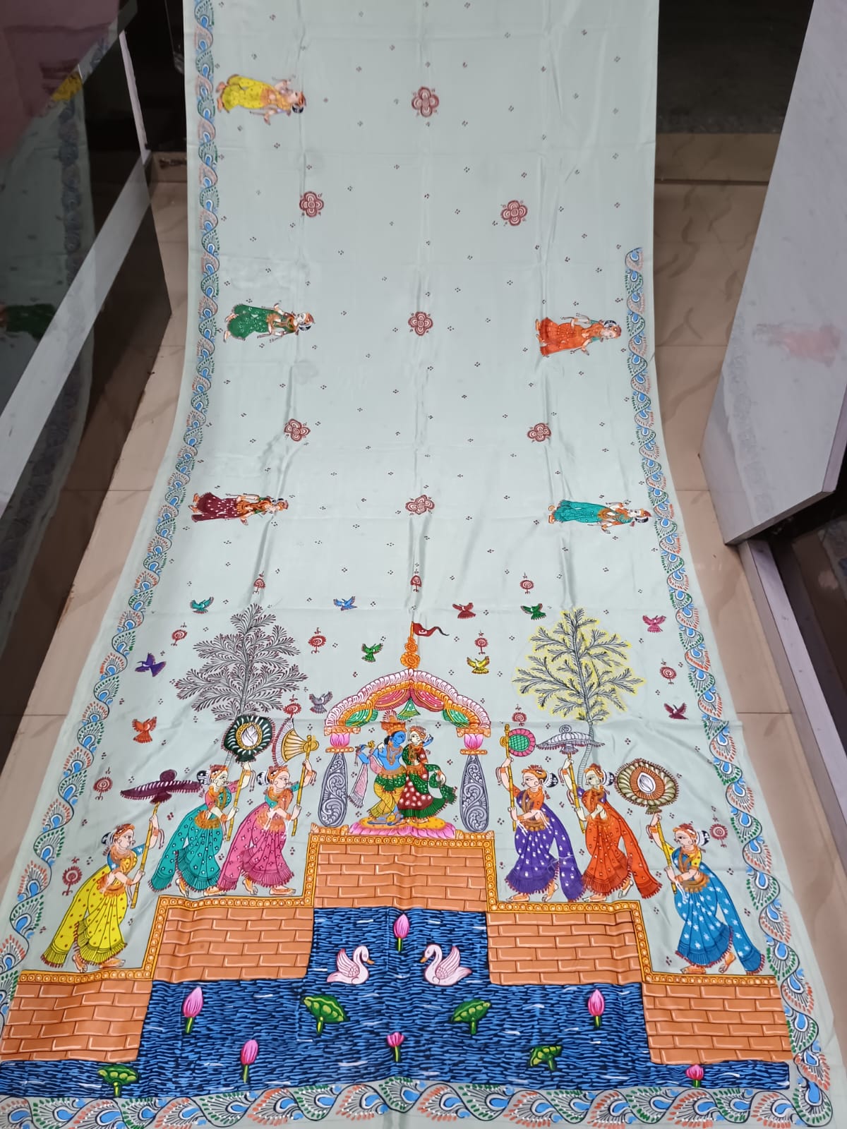 Aqua Radha Krishna Rasa Theme Pattachitra Khadi Silk Saree