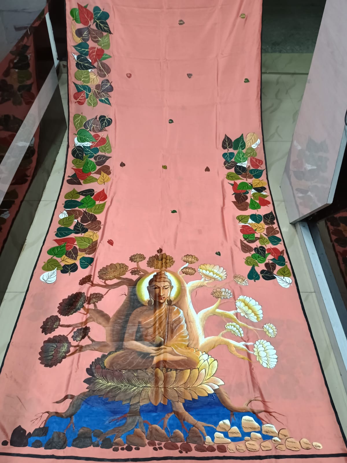 Pink Budha Theme Pattachitra Khadi Silk Saree
