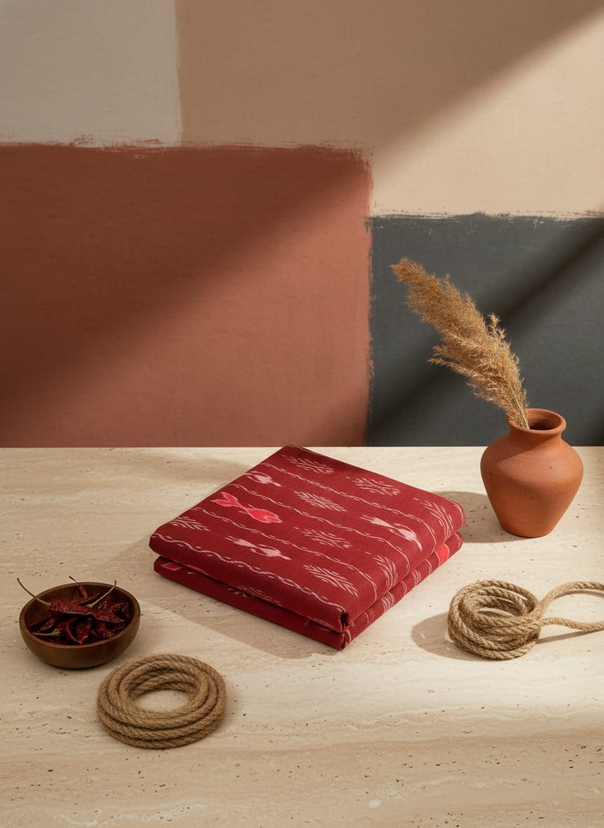 Maroon Fish Design Ikat Nuapatna Fabrics