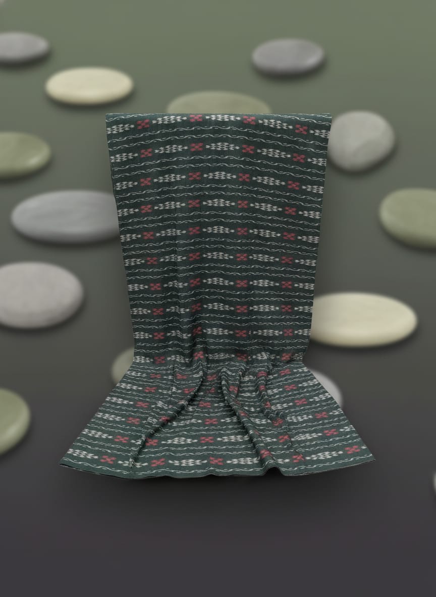 Dark Green Flower And Pasapali Design Ikat Nuapatna Fabrics