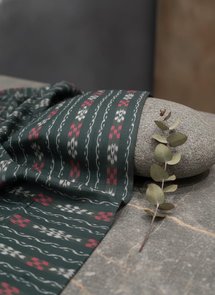Dark Green Flower And Pasapali Design Ikat Nuapatna Fabrics