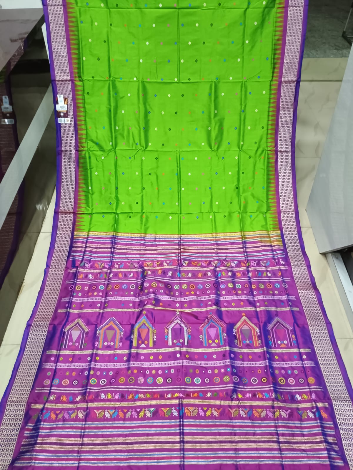 Parrot Green Purple Dolabedi Silk Saree