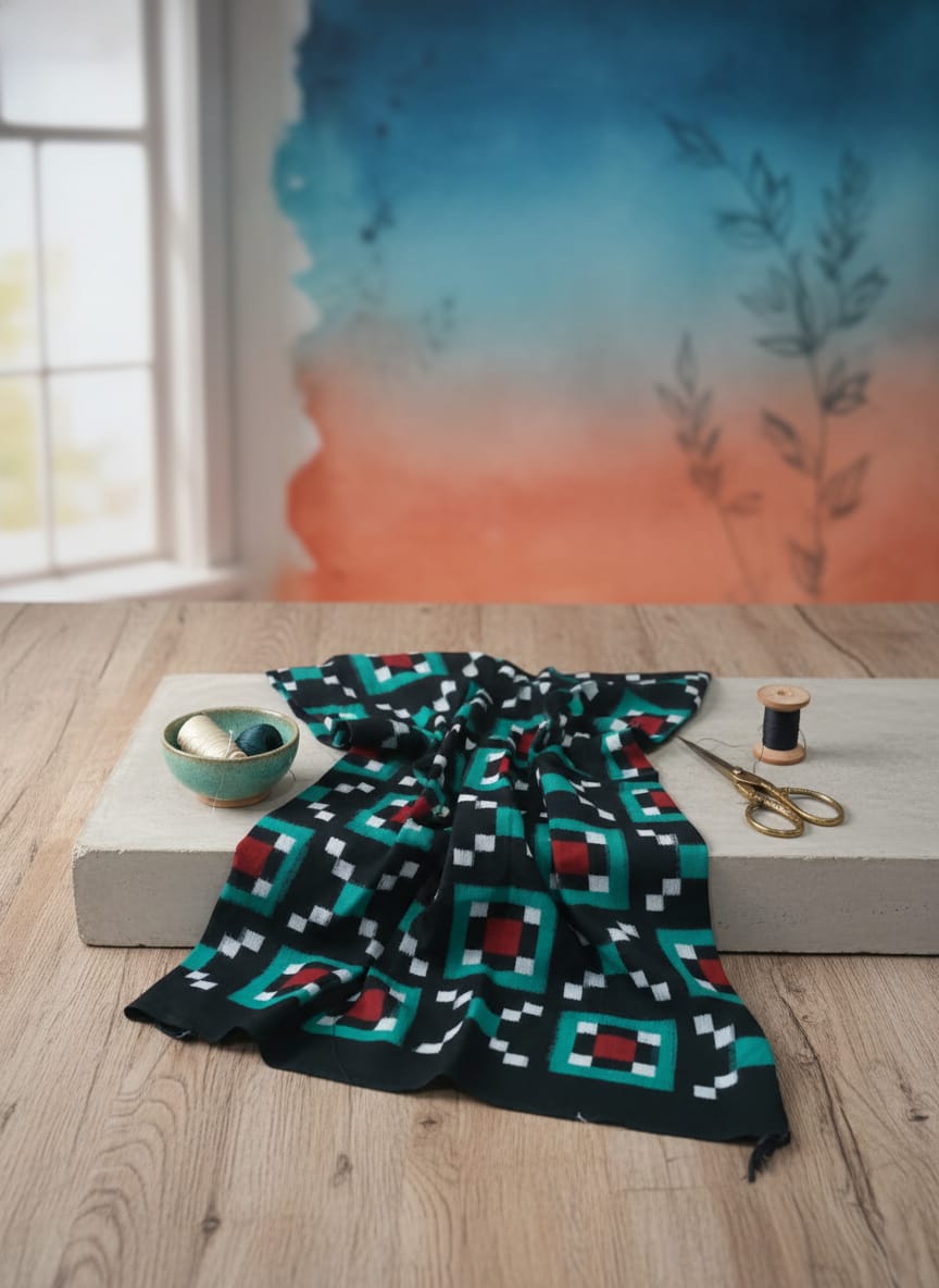 Black Green Cross Pasapali Ikat Design Sambalpuri Fabrics