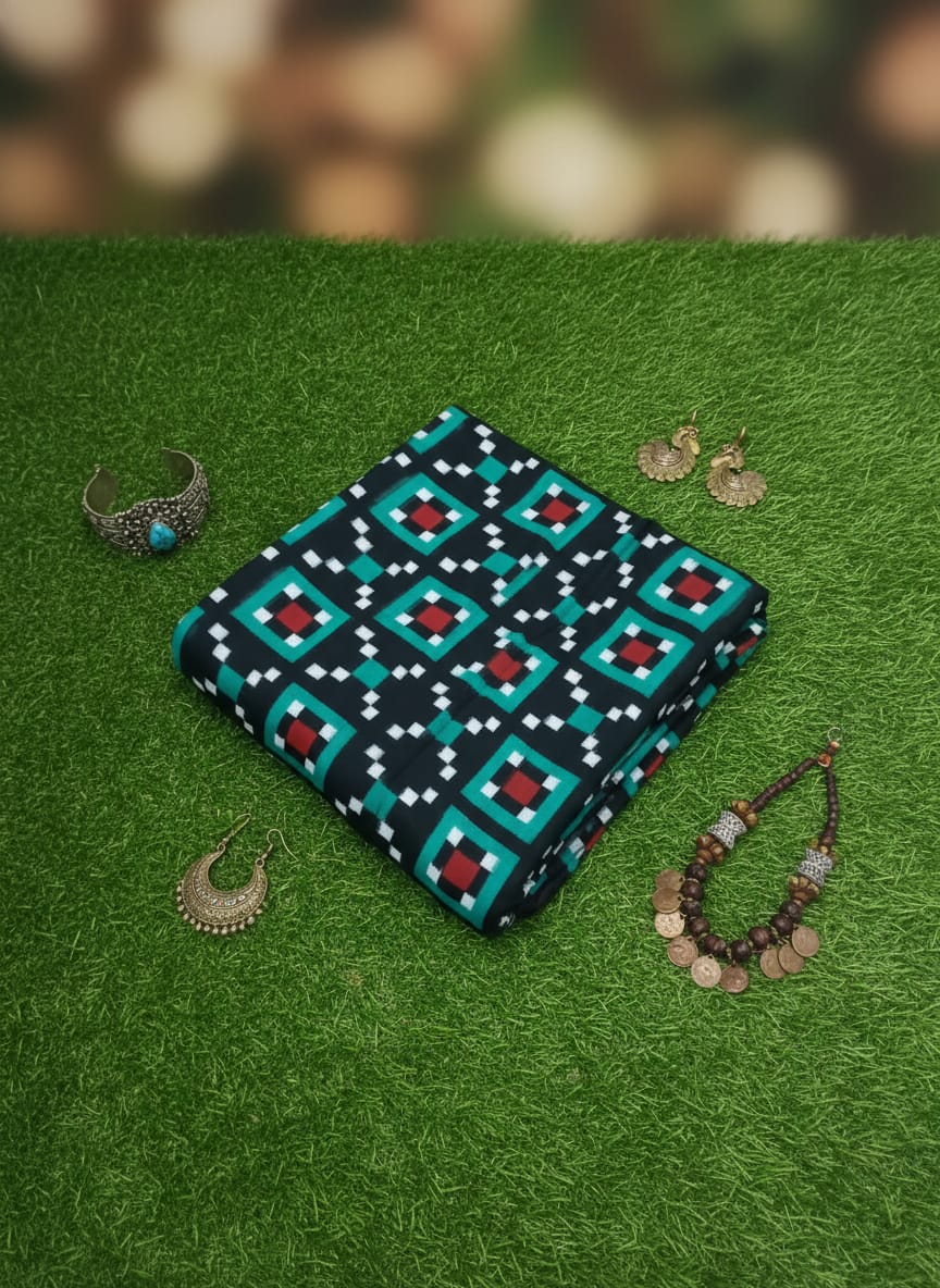 Black Green Cross Pasapali Ikat Design Sambalpuri Fabrics