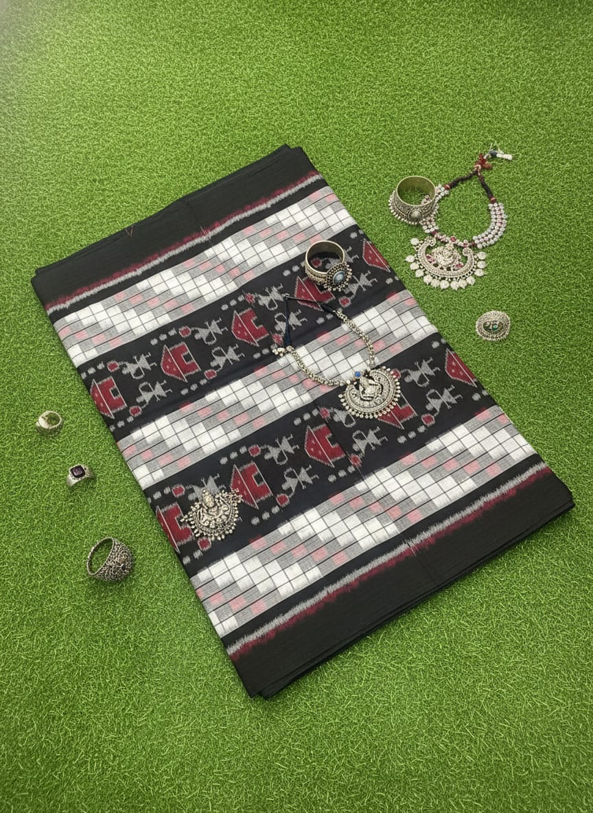 White Black Pasapali And Tribal Ikat Design Sambalpuri Fabrics