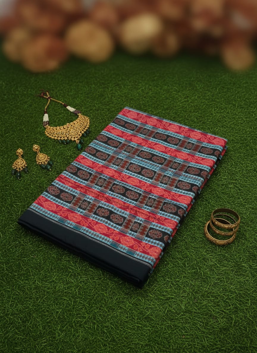 Red Black Flower Lata Design Sambalpuri Fabrics