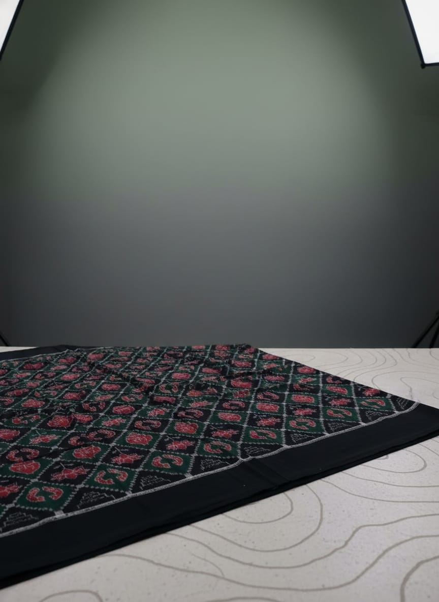 Black Green Lotus And Sankha Design Sambalpuri Fabrics