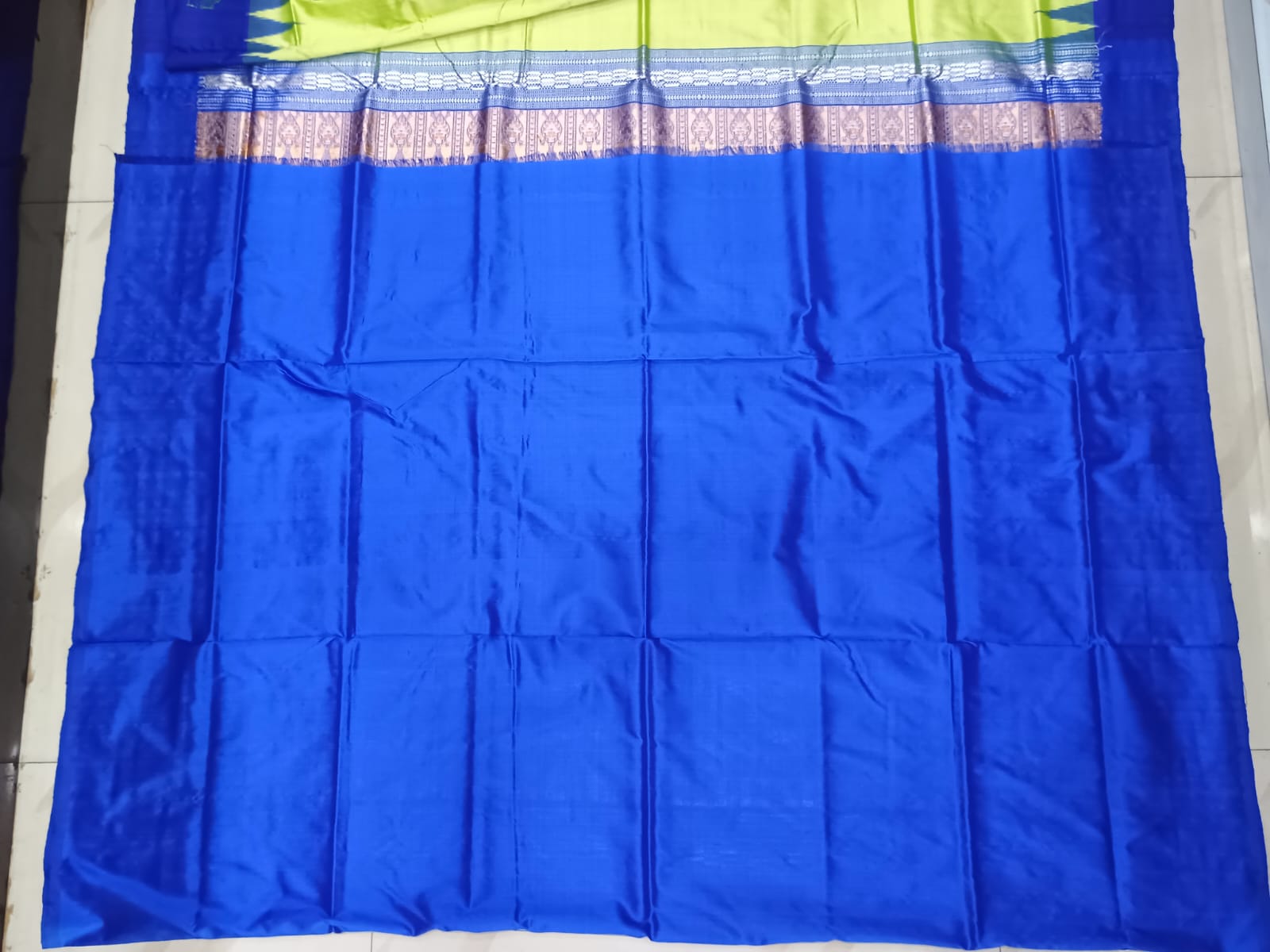 Lime Green Blue Mastya Kachhap Bomkai Silk Saree