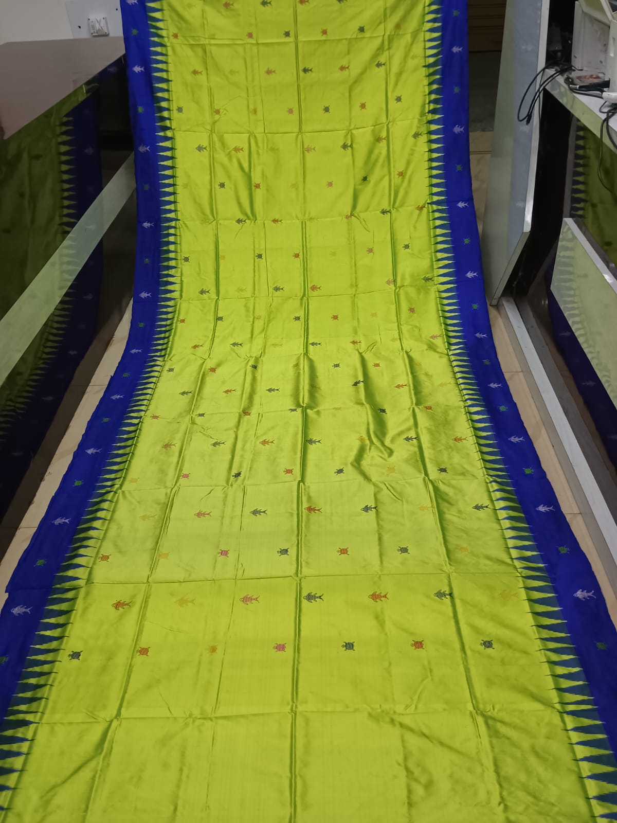 Lime Green Blue Mastya Kachhap Bomkai Silk Saree