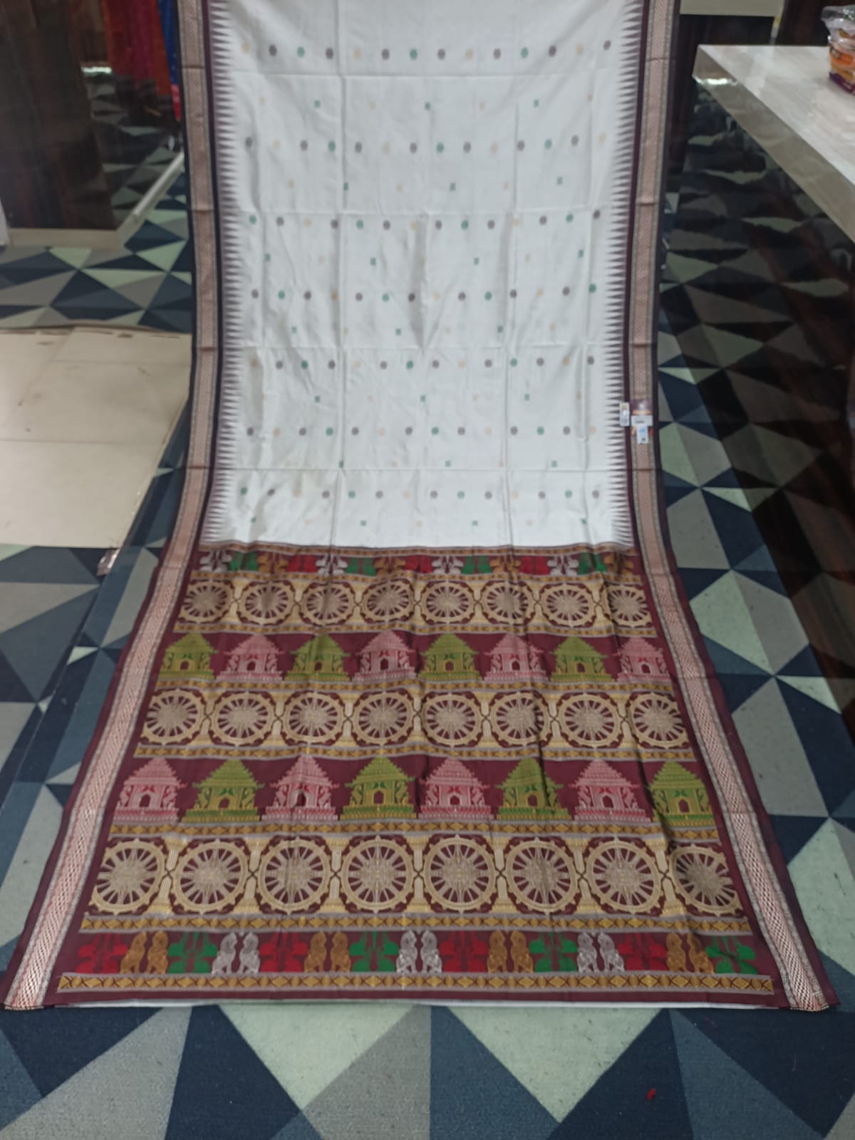White Coffee Konark Temple Chakra Sambalpuri Exclusive Silk Saree