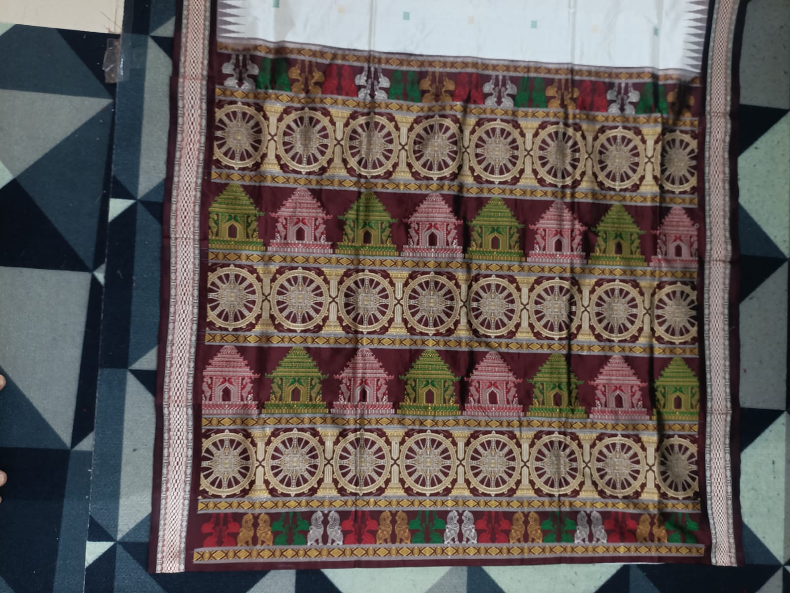 White Coffee Konark Temple Chakra Sambalpuri Exclusive Silk Saree