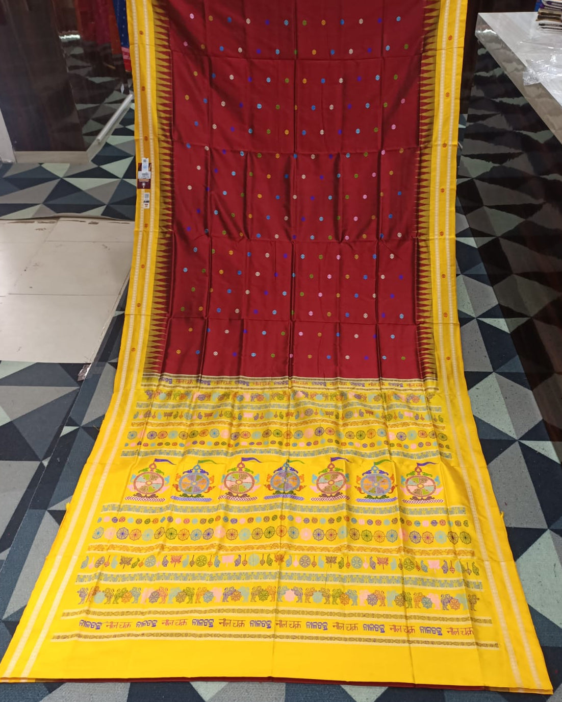 Maroon Yellow Neela Chakra Sambalpuri Silk Saree