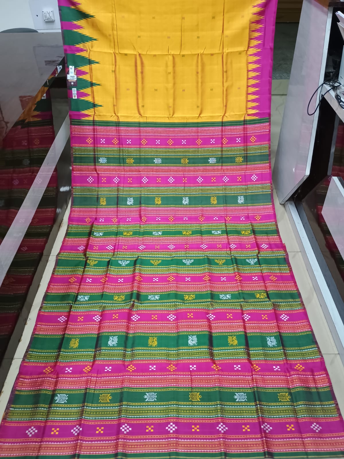 Yellow Magenta Multi Colour Kumbha Double Anchal Berhampuri Silk Saree