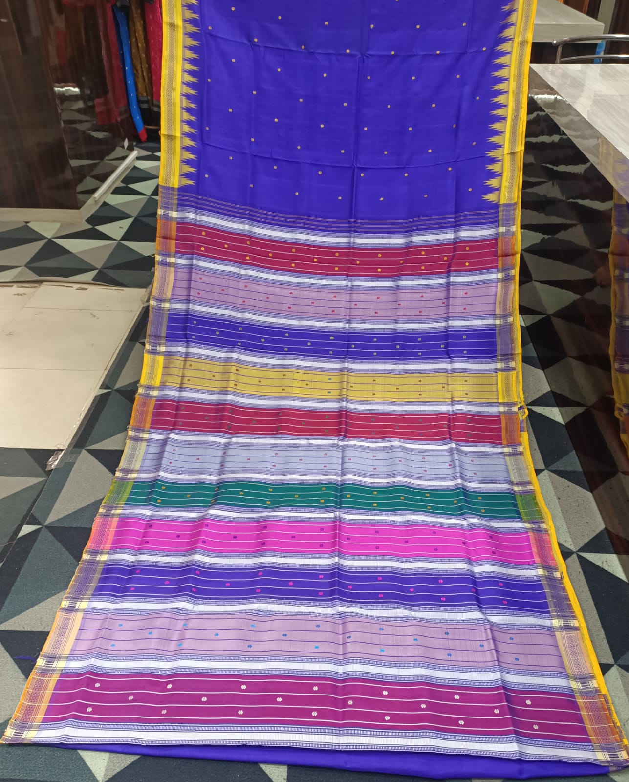 Blue Yellow Multi Colour Double Anchal Berhampuri Silk Saree