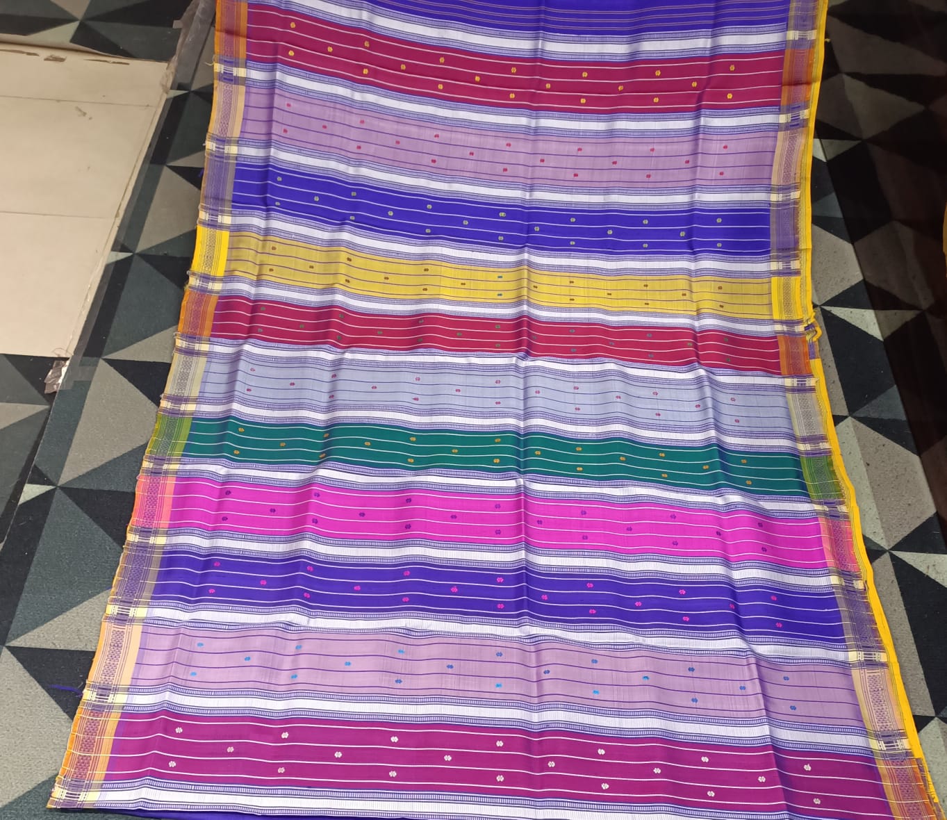 Blue Yellow Multi Colour Double Anchal Berhampuri Silk Saree