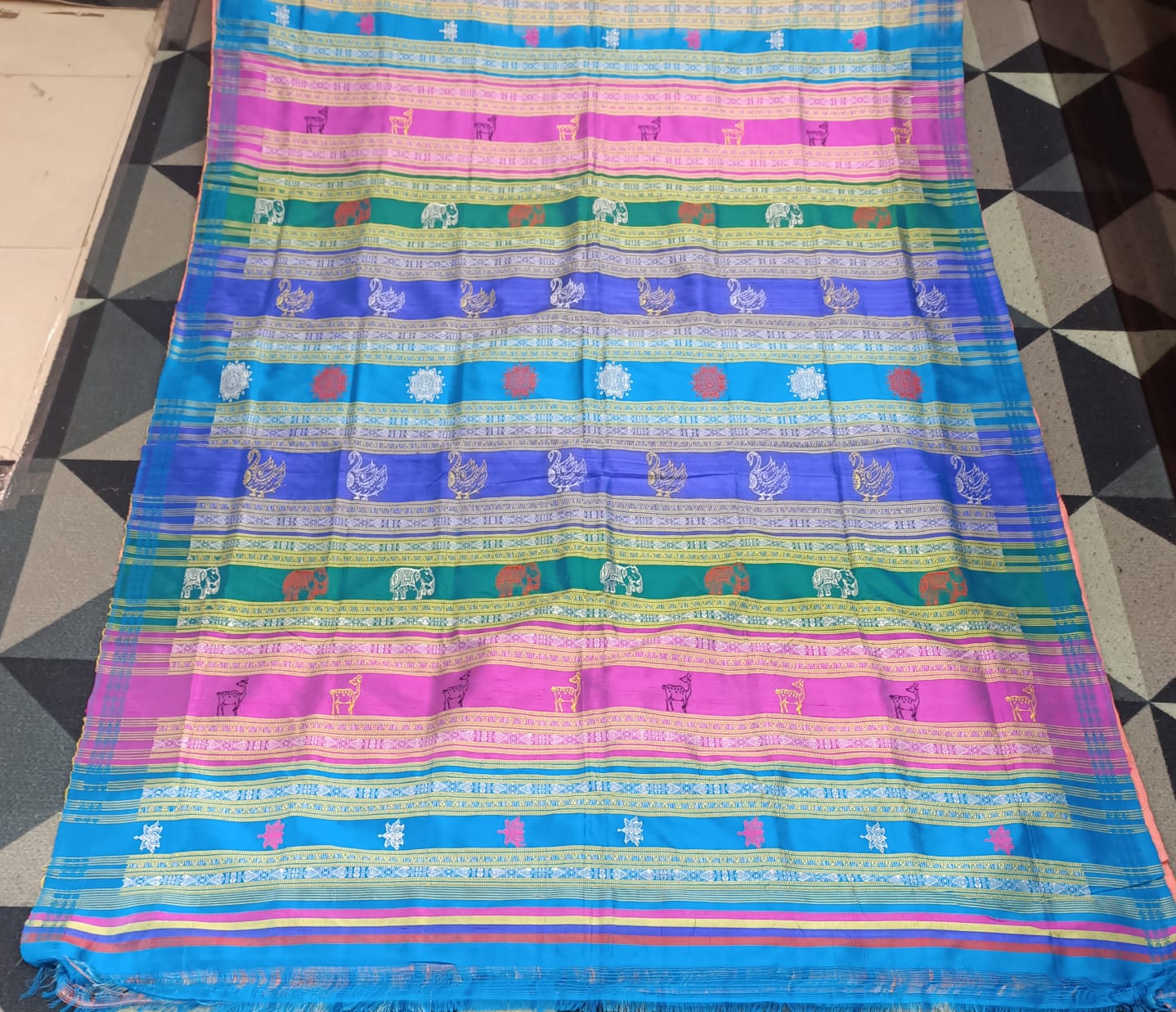 Peach Blue Multi Colour Double Anchal Berhampuri Silk Saree