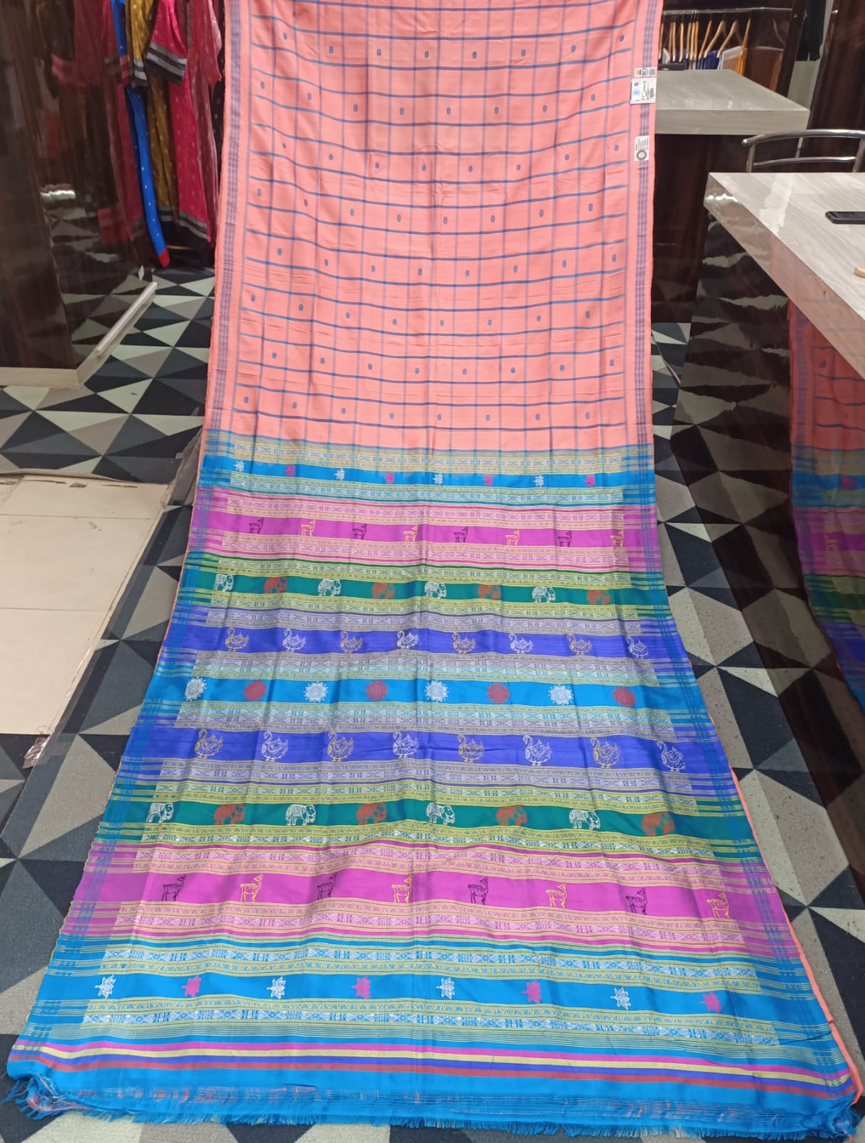 Peach Blue Multi Colour Double Anchal Berhampuri Silk Saree