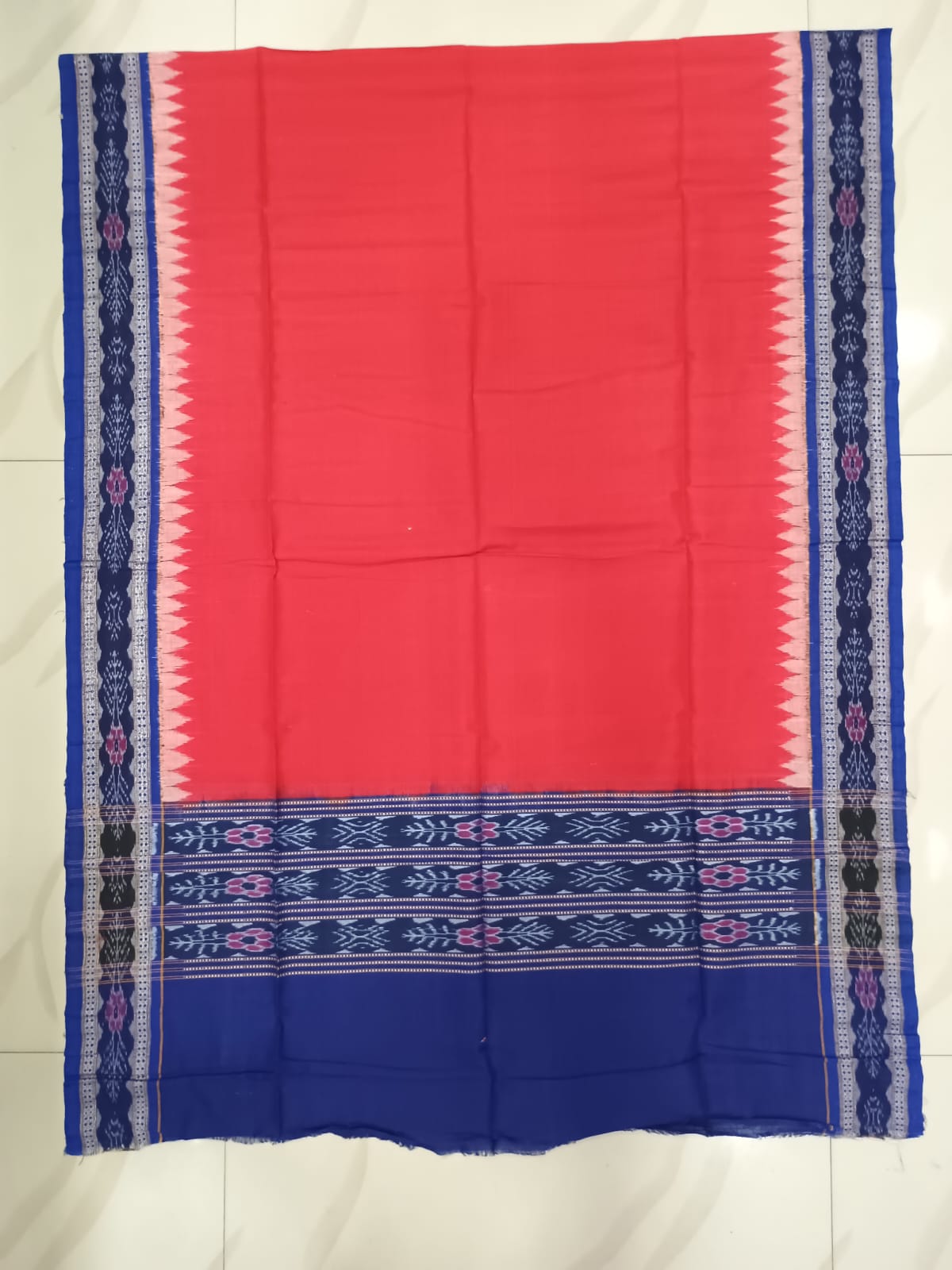 Blue Red Ikat Handwoven Odisha Ikat Unstitched Dress Material Set (Top 2.5m, Bottom 2m, Dupatta 2.5m)