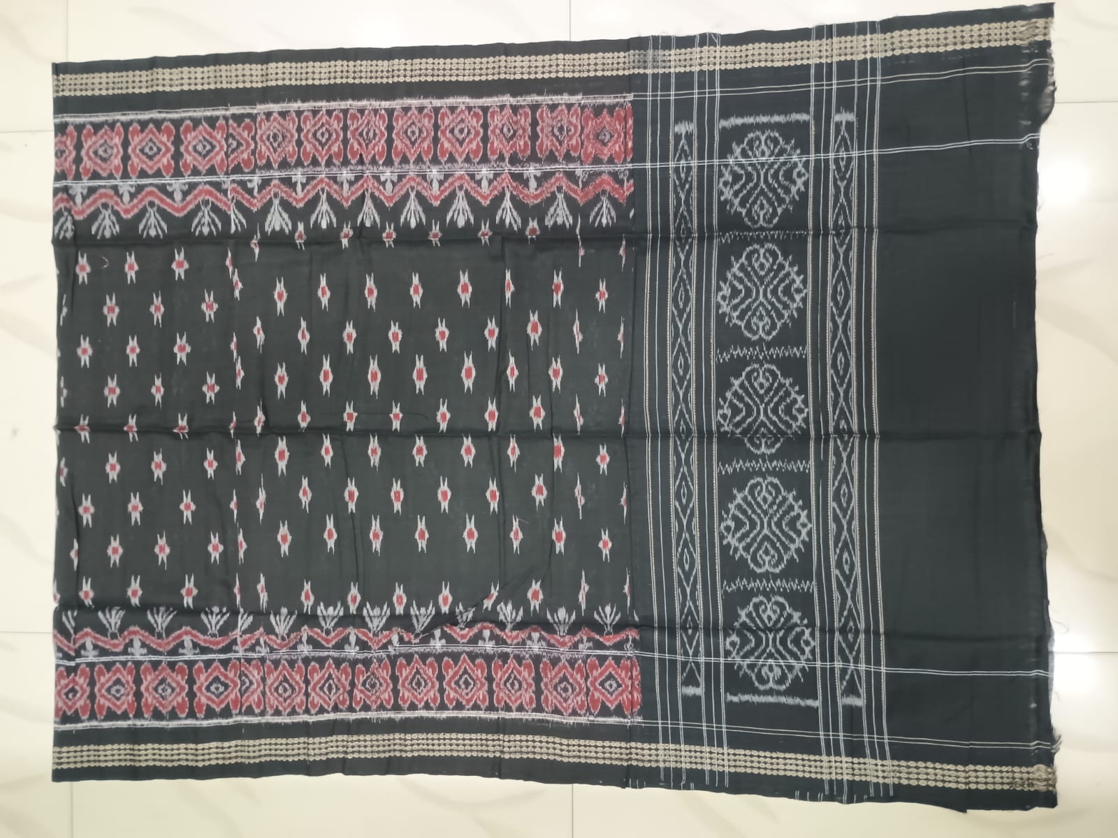 Black Maroon Animal Handwoven Odisha Ikat Unstitched Dress Material Set (Top 2.5m, Bottom 2m, Dupatta 2.5m)