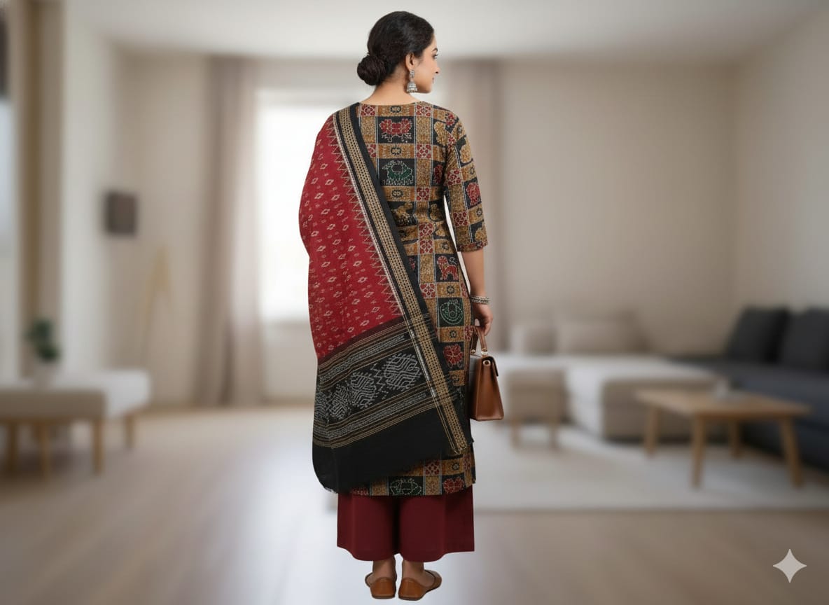 Black Maroon Nabakothi Handwoven Odisha Ikat Unstitched Dress Material Set (Top 2.5m, Bottom 2m, Dupatta 2.5m)