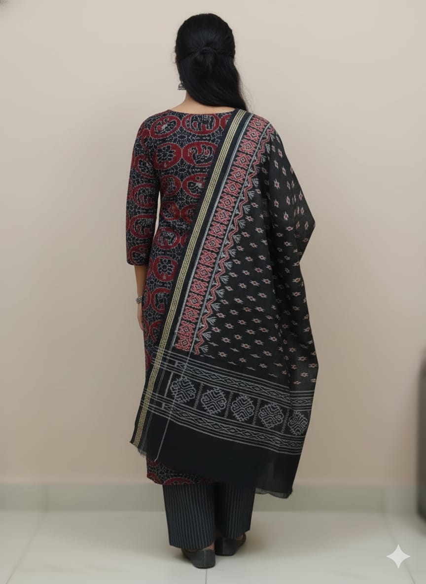 Black Maroon Animal Handwoven Odisha Ikat Unstitched Dress Material Set (Top 2.5m, Bottom 2m, Dupatta 2.5m)