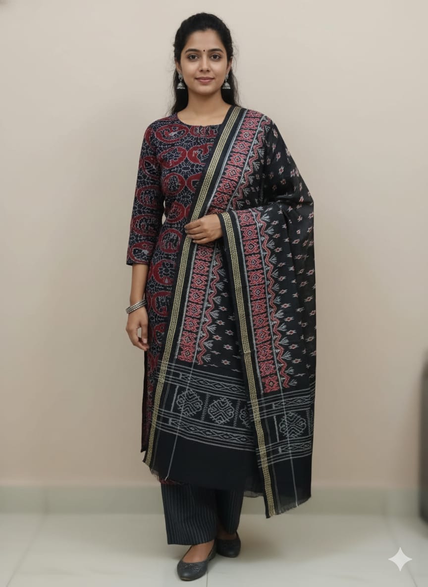 Black Maroon Animal Handwoven Odisha Ikat Unstitched Dress Material Set (Top 2.5m, Bottom 2m, Dupatta 2.5m)