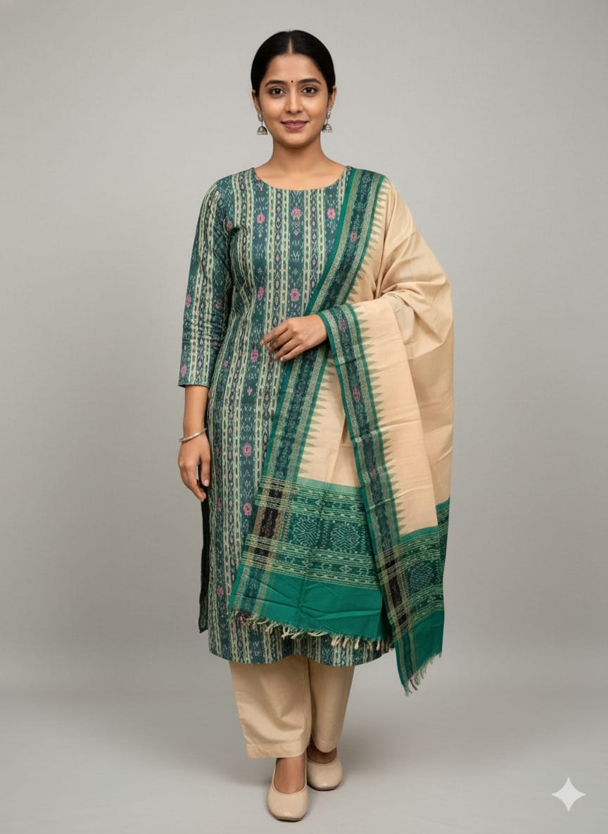 Green Creame Handwoven Odisha Ikat Unstitched Dress Material Set (Top 2.5m, Bottom 2m, Dupatta 2.5m)