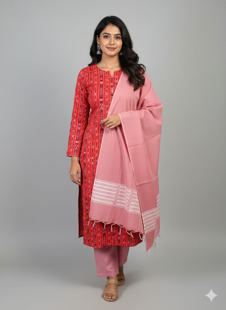 Red Light Pink Handwoven Odisha Ikat Unstitched Dress Material Set (Top 2.5m, Dupatt2.5m, Bottom 2m)