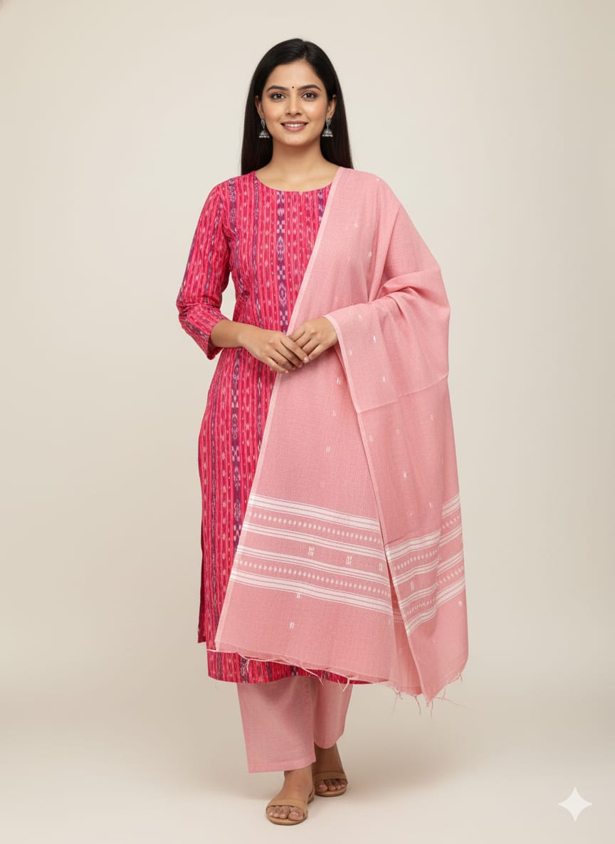 Red Light Pink Handwoven Odisha Ikat Unstitched Dress Material Set (Top 2.5m, Dupatt2.5m, Bottom 2m)
