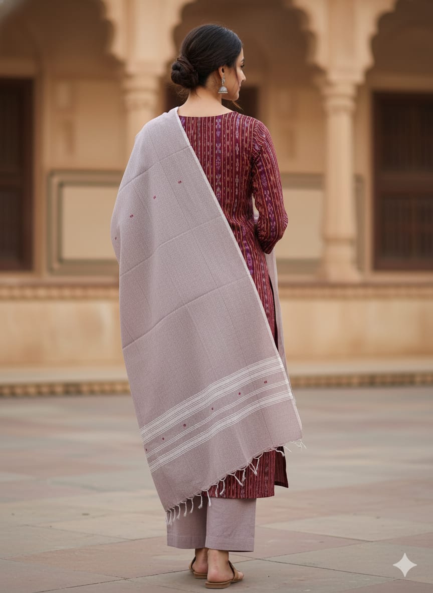 Deep Purple Brownish-grey Handwoven Odisha Ikat Unstitched Dress Material Set (Top 2.5m, Dupatt2.5m, Bottom 2m )