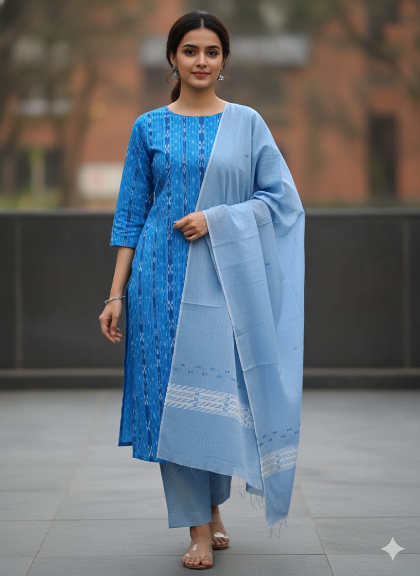 Copper Sulphate Sky Handwoven Odisha Ikat Unstitched Dress Material Set (Top 2.5m, Dupatt2.5m, Bottom 2m)