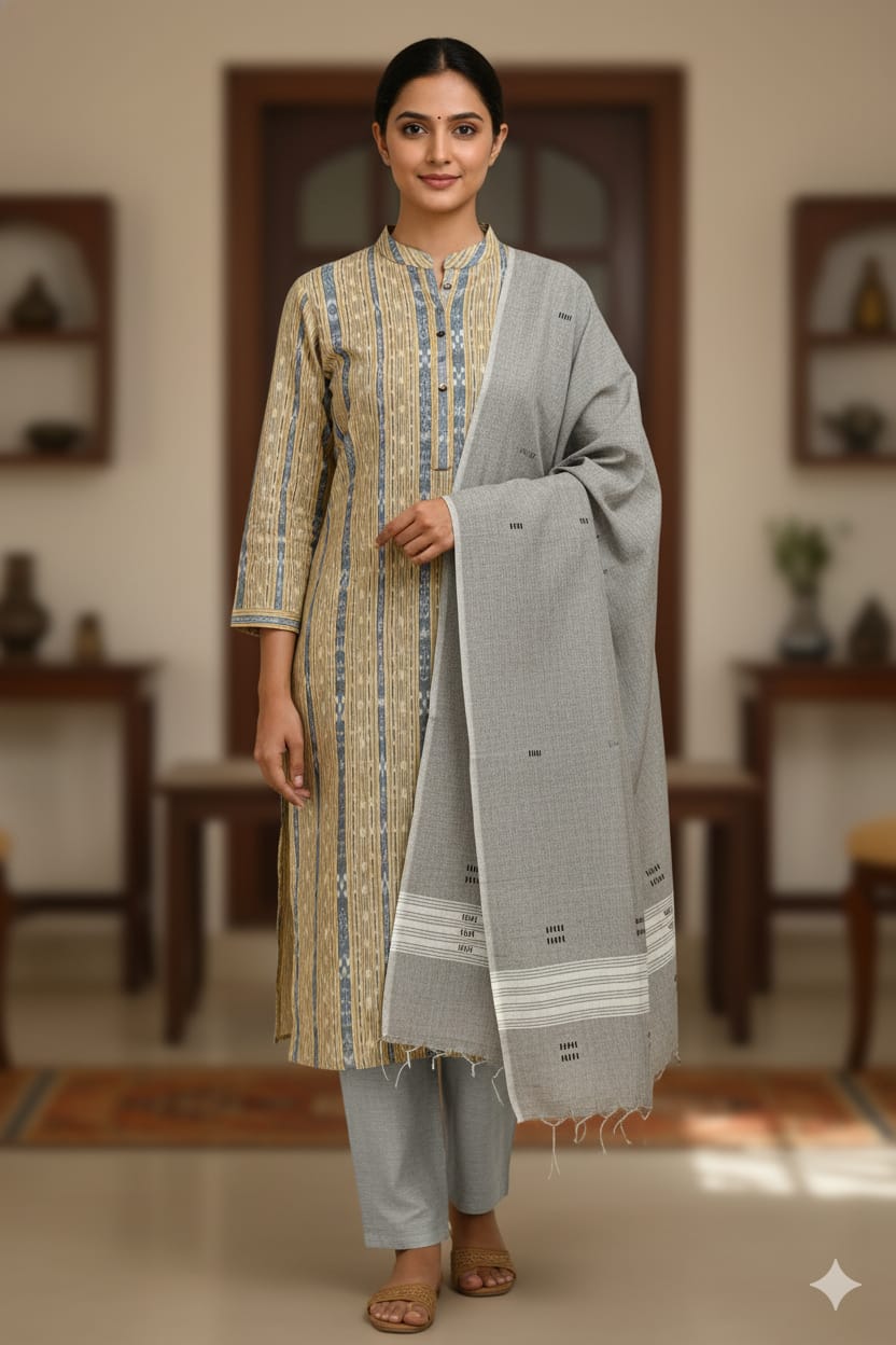 Cream Grey Handwoven Odisha Ikat Unstitched Dress Material Set (Top 2.5m, Dupatt2.5m, Bottom 2m)
