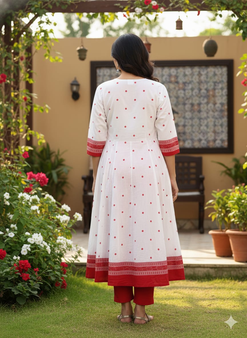 White Red Body Buti Pasapali Designer A-Line Anarkali