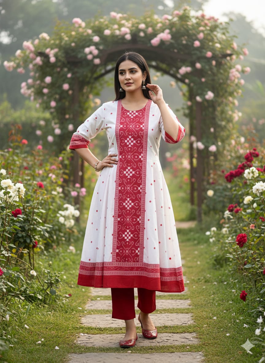 White Red Body Buti Pasapali Designer A-Line Anarkali