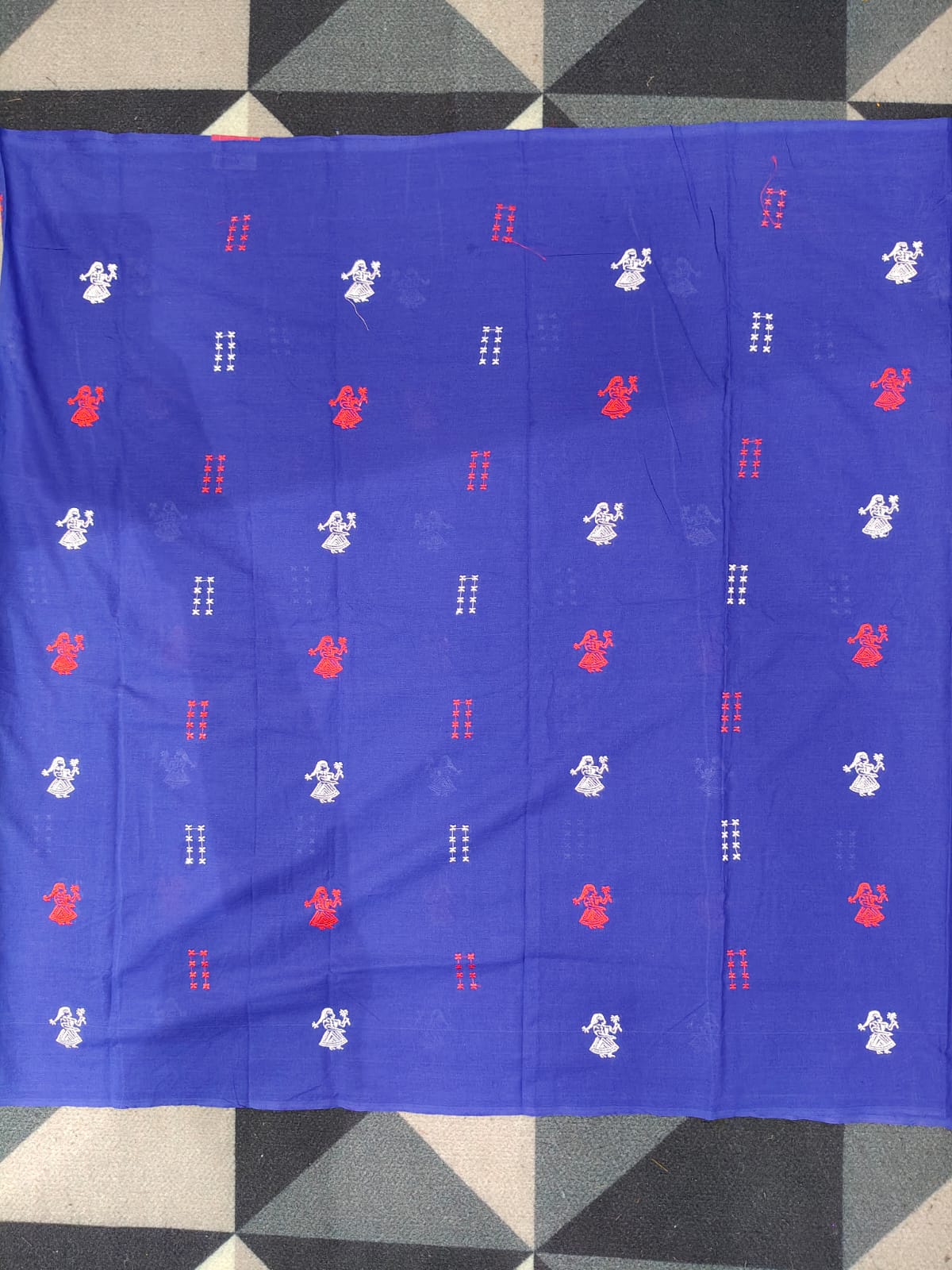 Navy Blue Red Doll Design Handwoven Odisha Ikat Unstitched Dress Material Set (Top 2.5m, Dupatt2.5m, Bottom 2m)