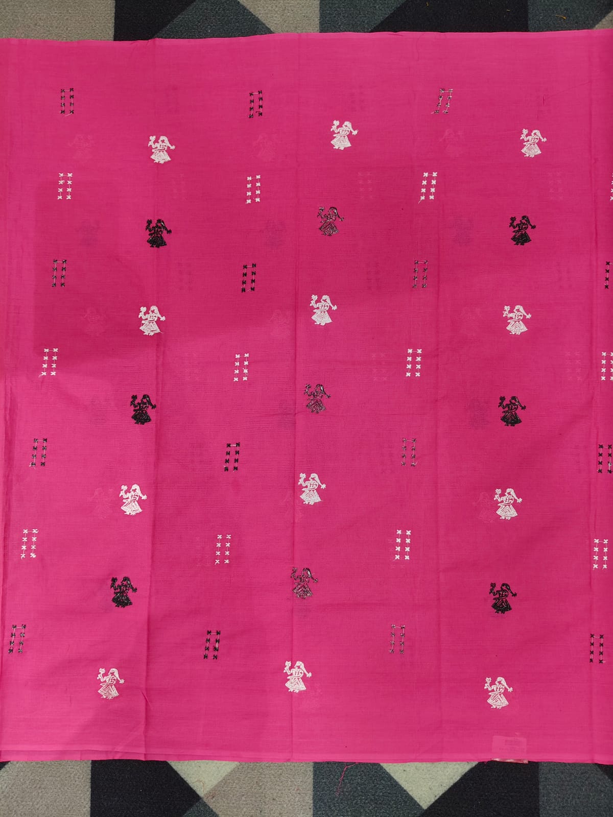 Pink Black Doll Design Handwoven Odisha Ikat Unstitched Dress Material Set (Top 2.5m, Dupatt2.5m, Bottom 2m)