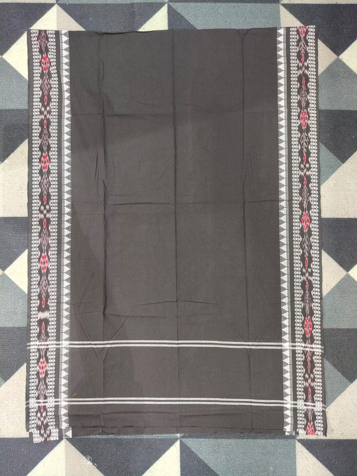 Pink Black Doll Design Handwoven Odisha Ikat Unstitched Dress Material Set (Top 2.5m, Dupatt2.5m, Bottom 2m)