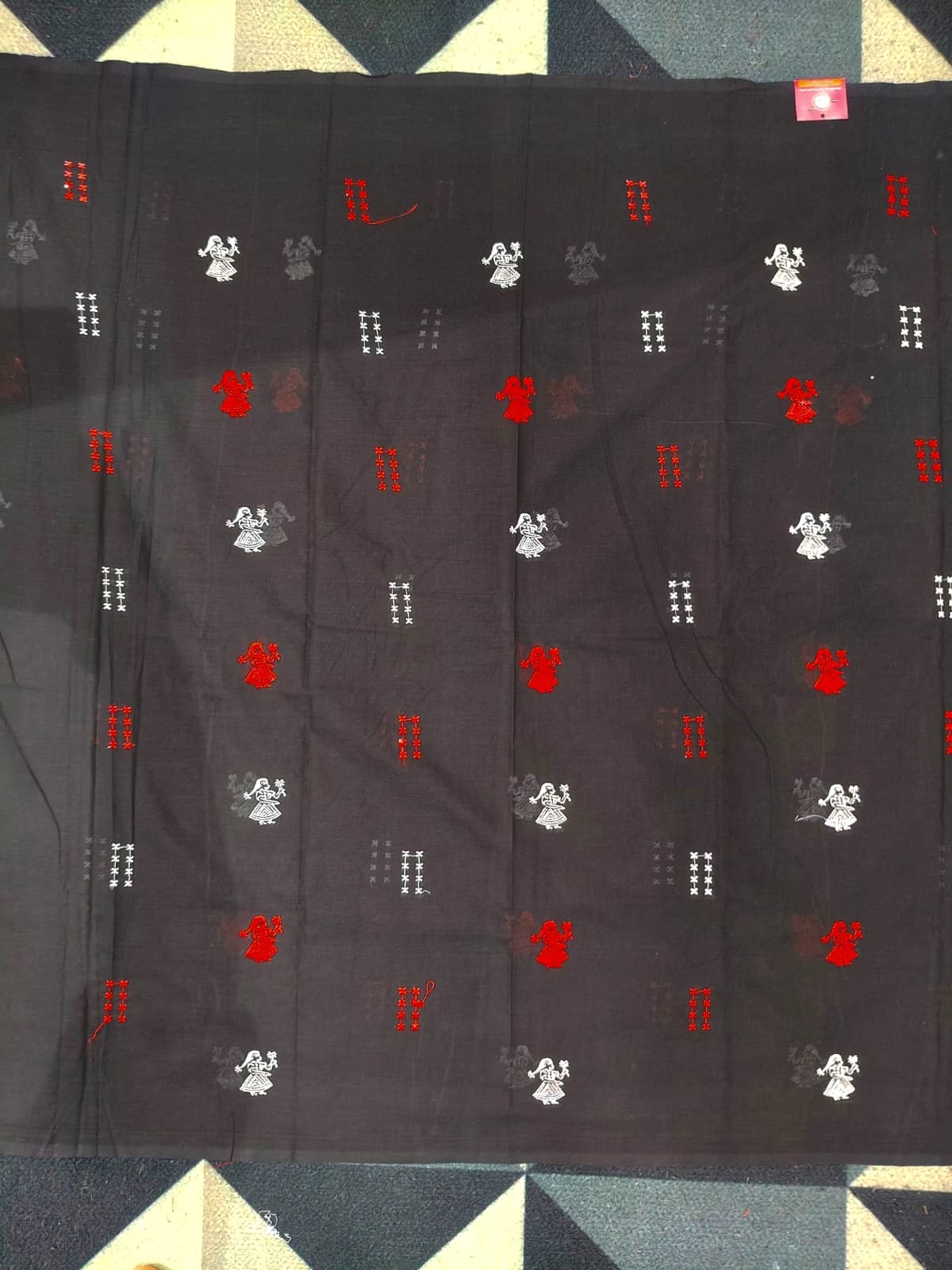 Black Red Doll Design Handwoven Odisha Ikat Unstitched Dress Material Set (Top 2.5m, Dupatt2.5m, Bottom 2m)