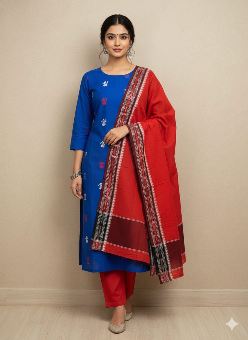 Blue Red Doll Design Handwoven Odisha Ikat Unstitched Dress Material Set (Top 2.5m, Dupatt2.5m, Bottom 2m)