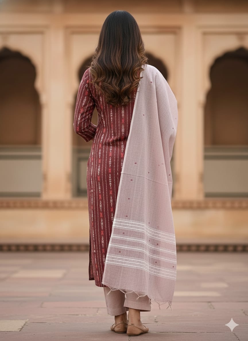 Maroon Brownish Handwoven Odisha Ikat Unstitched Dress Material Set (Top 2.5m, Dupatt2.5m, Bottom 2m)