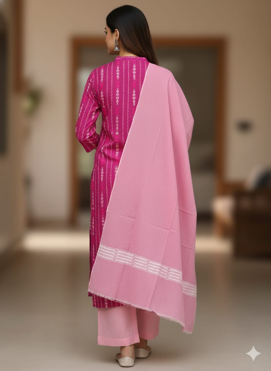 Magenta Baby Pink Handwoven Odisha Ikat Unstitched Dress Material Set (Top 2.5m, Dupatt2.5m, Bottom 2m)